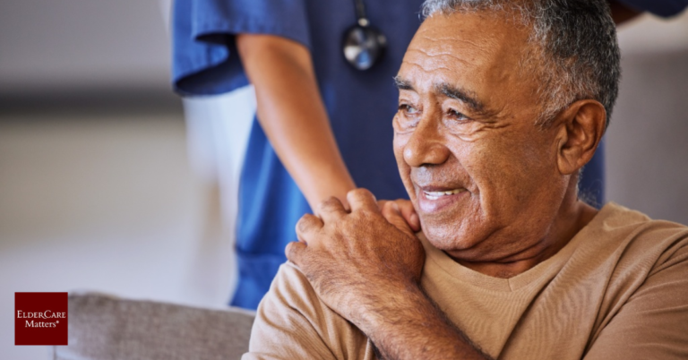 A professional geriatric care manager assisting an elderly adult in navigating care options.