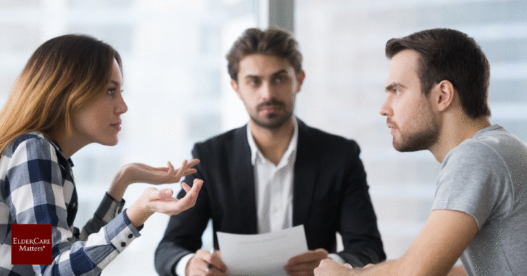 Family discussing elder care decisions peacefully to avoid disputes