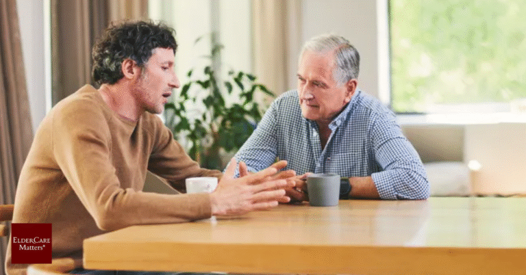 An elderly parent and their adult child having a calm and thoughtful conversation about eldercare options.