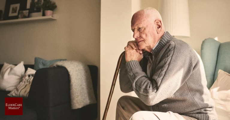 An elderly person video chatting with family, symbolizing social connection in later years